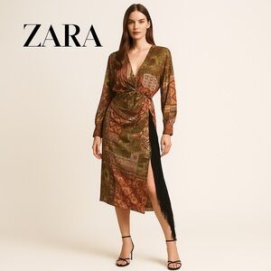 ZARA Morocco Boho Patchwork Fringe Wrap Dress Side Zip Midi Ruched EUC Size M